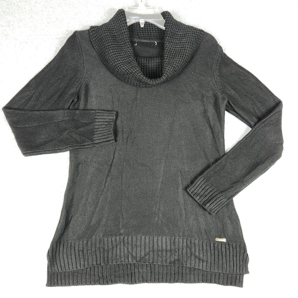 Calvin Klein Tunic Sweater Womens M Black Textured Knit Cowl Neck High Low Slit